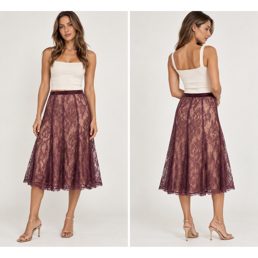 City DKNY Vintage Purple Lace Velvet Waist Midi Skirt Size 14 Floral A-Line